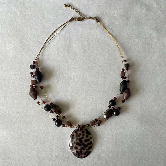 Statement Necklace Black & Brown Shell Beaded Three Strand. - Picture 3 of 7